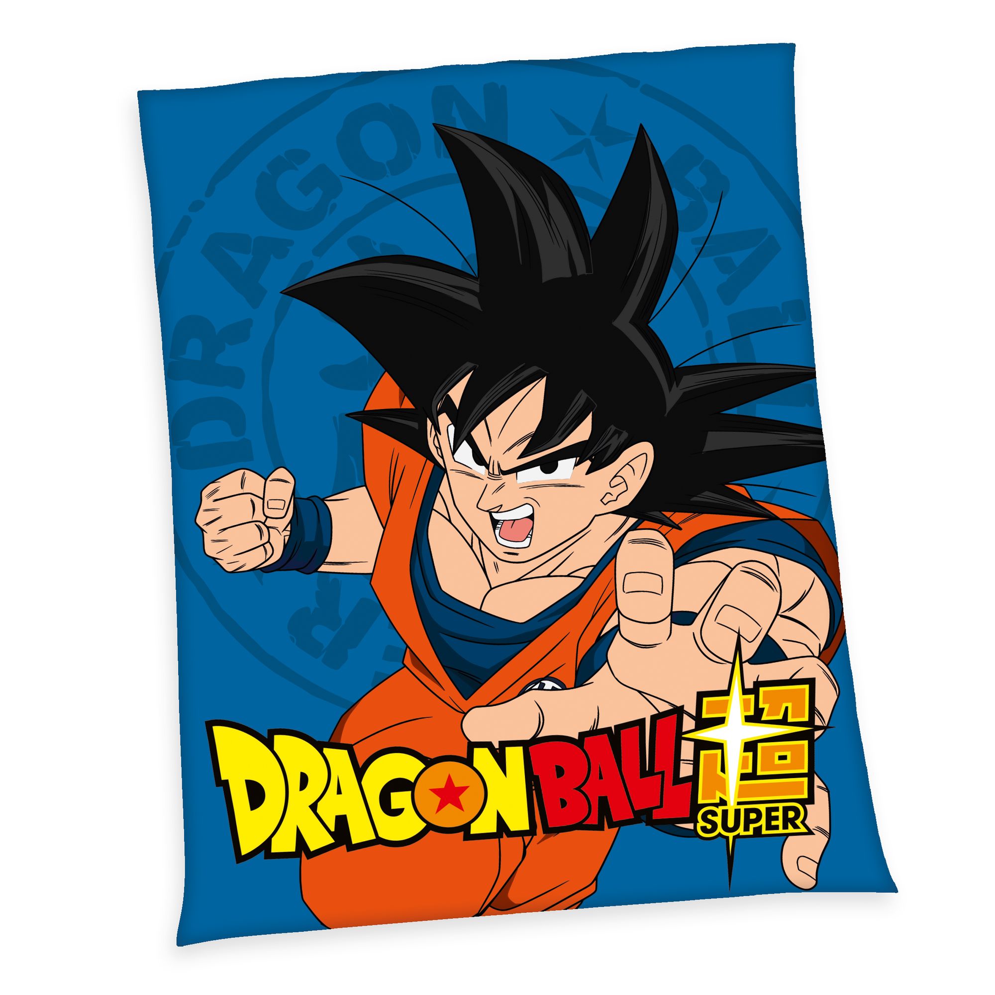 Detaillierte Produktansicht der blauen Dragon Ball Super Decke freigestellt auf weißem Hintergrund; das Design zeigt die Anime-Figur Son Goku in Kampfpose und den markanten Logo-Schriftzug.