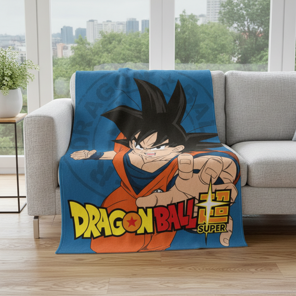 Blaue Dragon Ball Super Kuscheldecke mit großem Son-Goku-Motiv, dekorativ ausgebreitet auf einer grauen Couch in einem hellen Wohnzimmer mit Fensterfront.