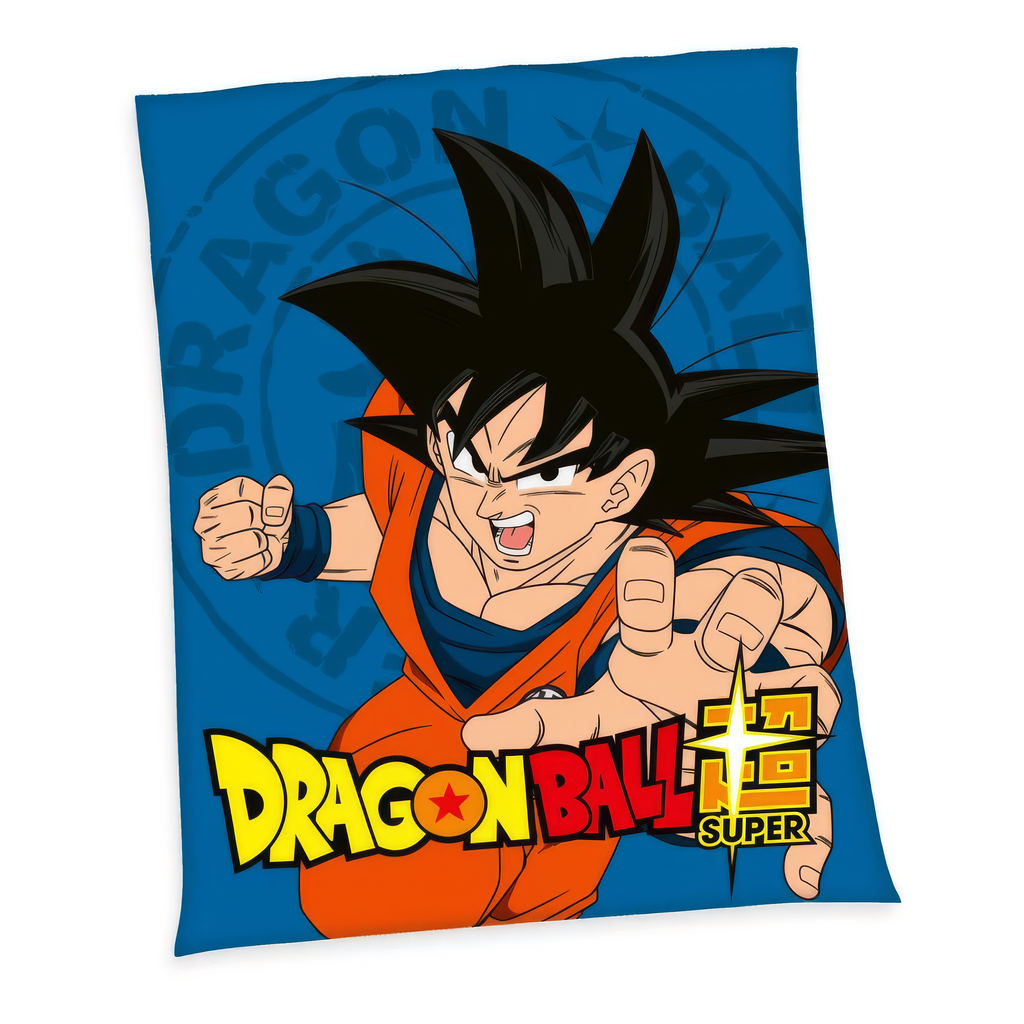 Detaillierte Produktansicht der blauen Dragon Ball Super Decke freigestellt auf weißem Hintergrund; das Design zeigt die Anime-Figur Son Goku in Kampfpose und den markanten Logo-Schriftzug.
