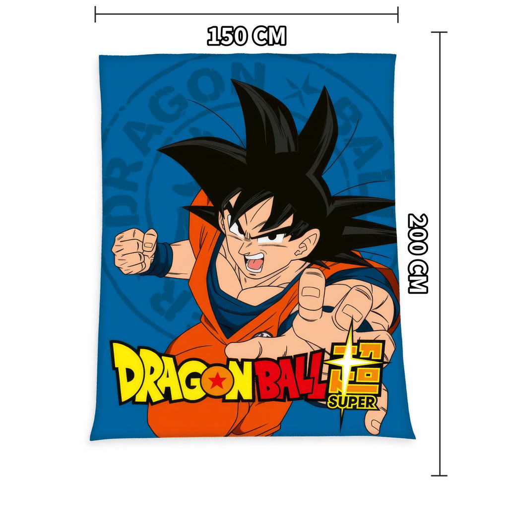 Produktansicht der blauen Dragon Ball Super Decke freigestellt auf weißem Hintergrund; das Bild ist mit Maßpfeilen und den Größenangaben von 150 cm in der Länge und 200 cm in der Breite versehen.