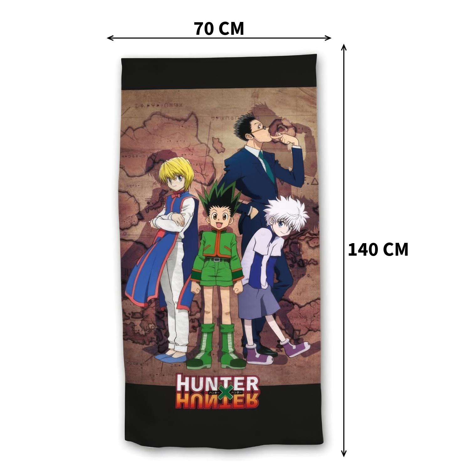 Produktansicht des Hunter x Hunter Badetuchs freigestellt auf weißem Hintergrund; das Design mit den Anime-Charakteren ist mit Maßpfeilen für eine Länge von 140 cm und eine Breite von 70 cm versehen.