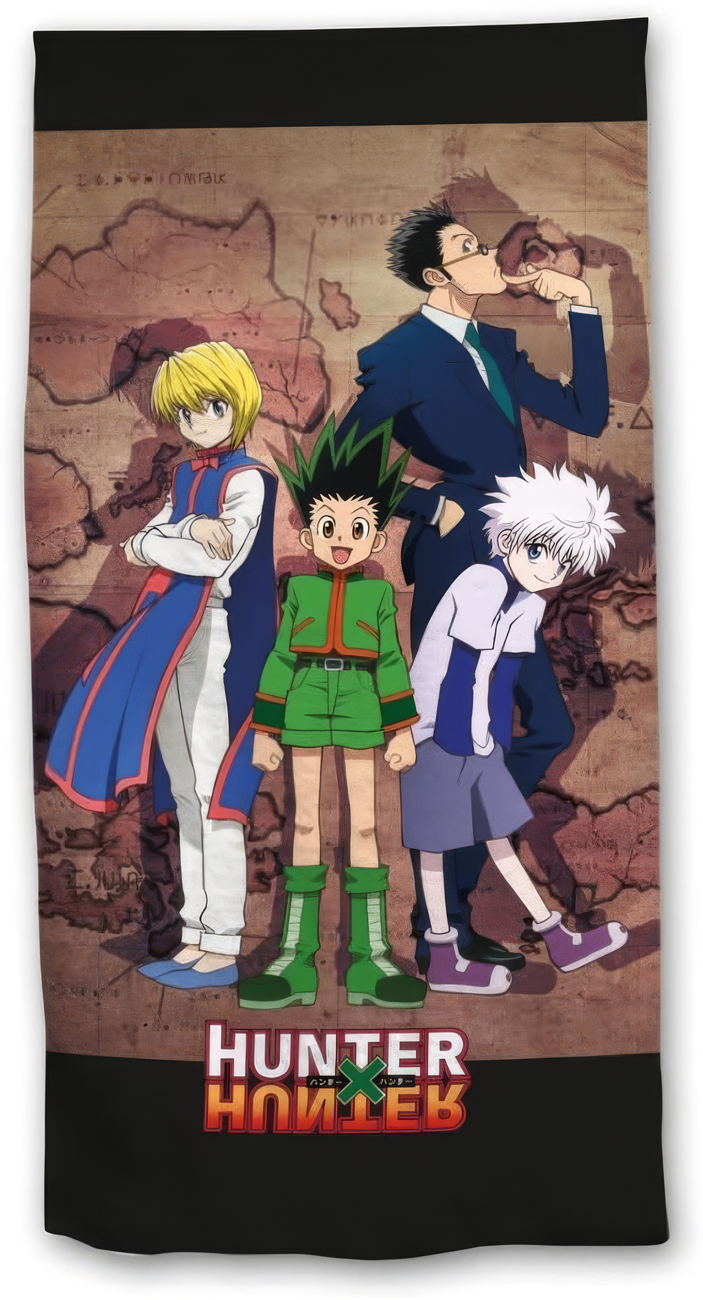 Produktansicht des Hunter x Hunter Badetuchs freigestellt auf weißem Hintergrund; alle vier Hauptfiguren sowie das Logo werden vollständig präsentiert.