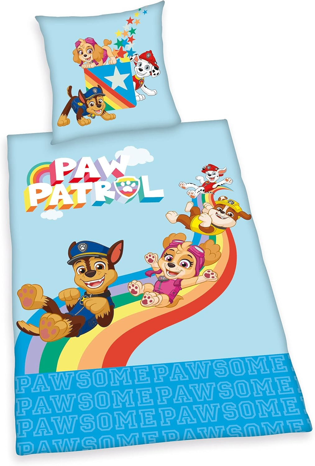 Klassische Produktansicht des Paw Patrol Bettwäsche-Sets freigestellt auf weißem Hintergrund; zu sehen sind der Deckenbezug mit den rutschenden Fellfreunden auf dem Regenbogen sowie das passende Kopfkissen.