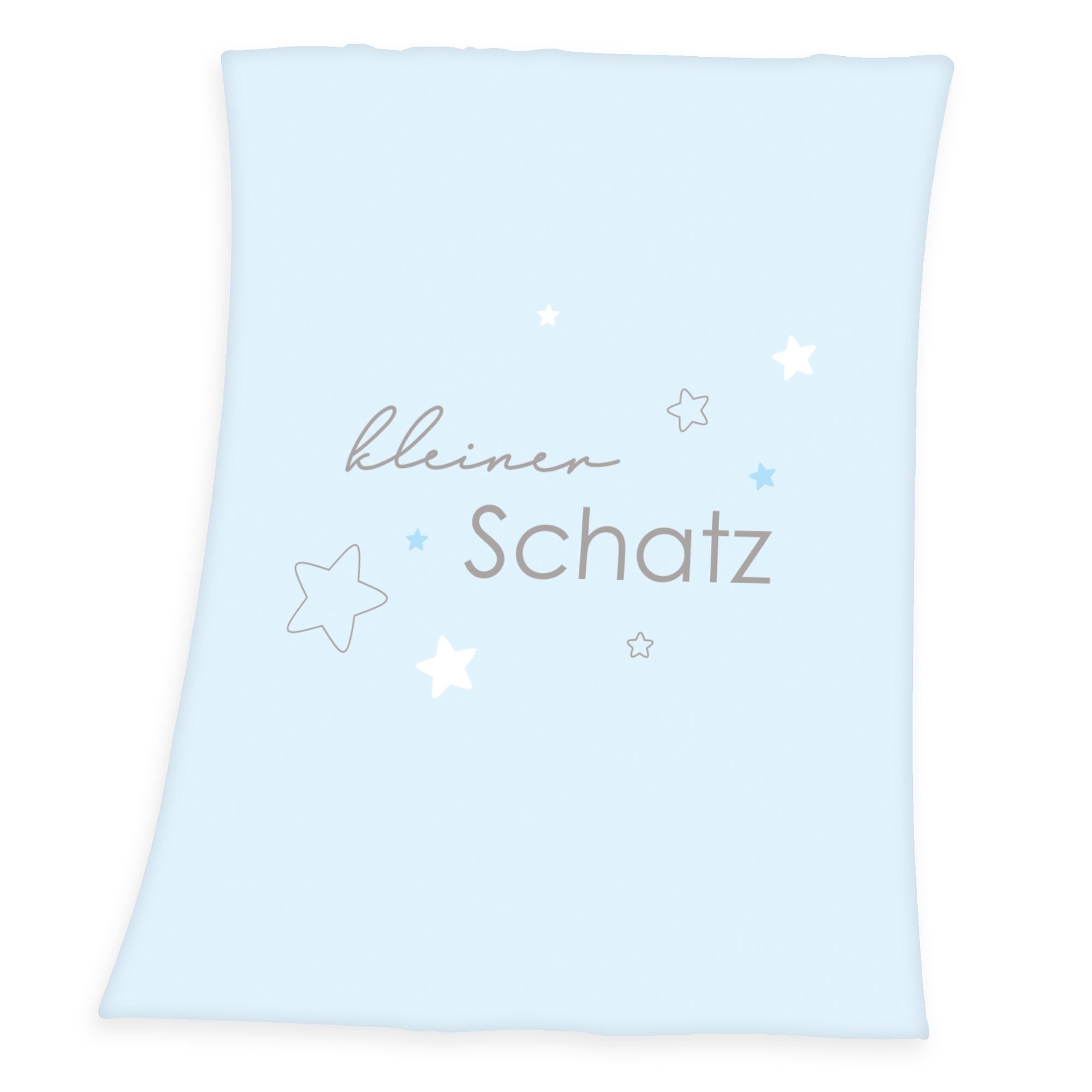 Produktansicht der hellblauen Babydecke freigestellt auf weißem Hintergrund mit dem Motiv „kleiner Schatz“.
