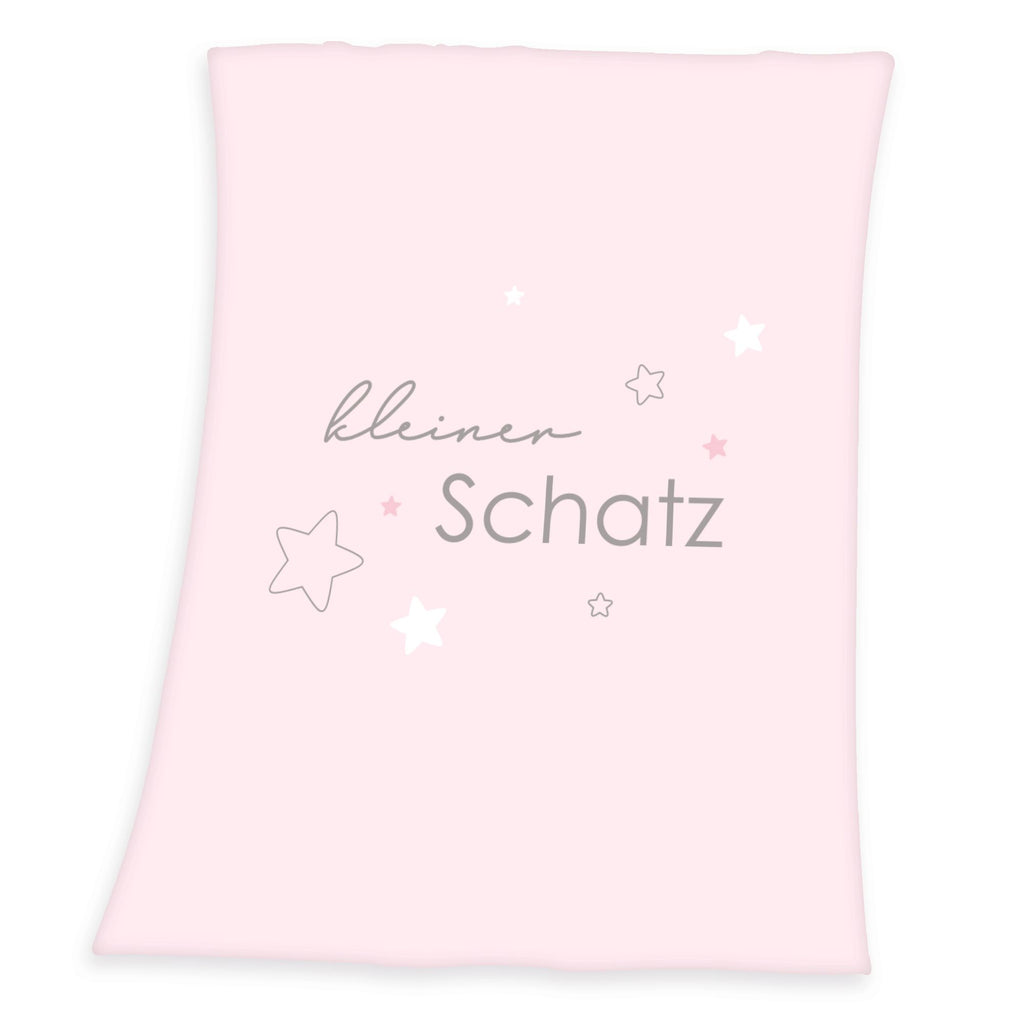 Produktansicht der rosa Babydecke freigestellt auf weißem Hintergrund mit dem Motiv „kleiner Schatz“.