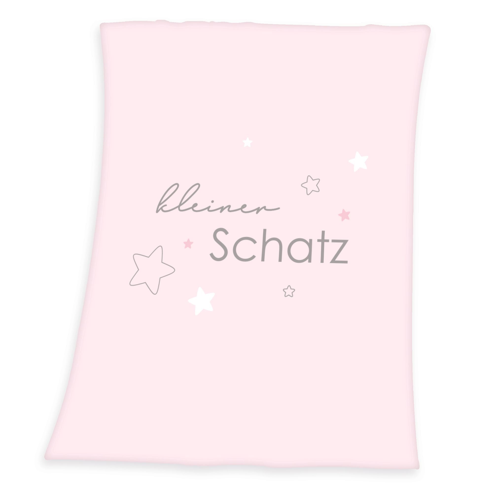 Produktansicht der rosa Babydecke freigestellt auf weißem Hintergrund mit dem Motiv „kleiner Schatz“.