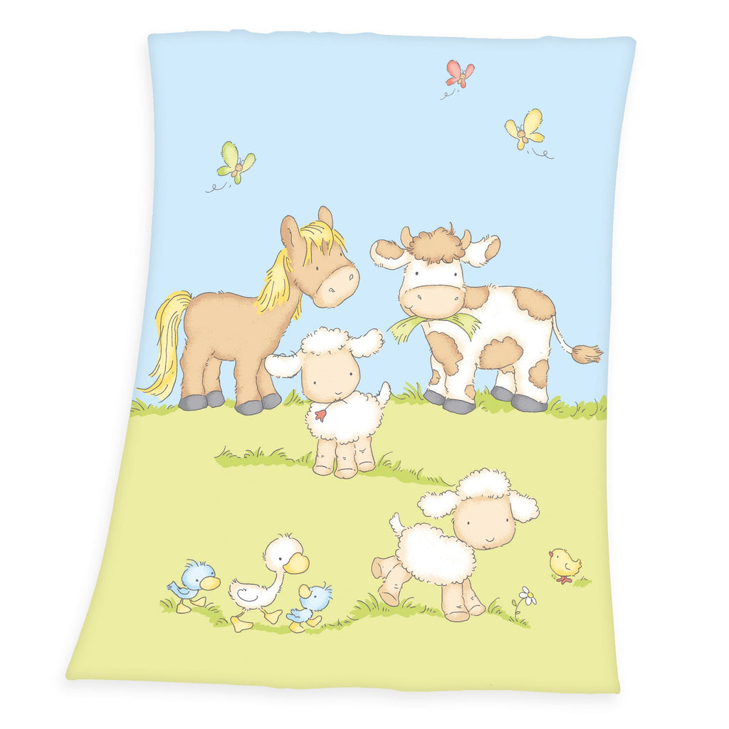 Produktansicht der Baby-Kuscheldecke freigestellt auf weißem Hintergrund; zeigt das gesamte, bunte Bauernhof-Design mit den niedlichen Tieren in der direkten Draufsicht.