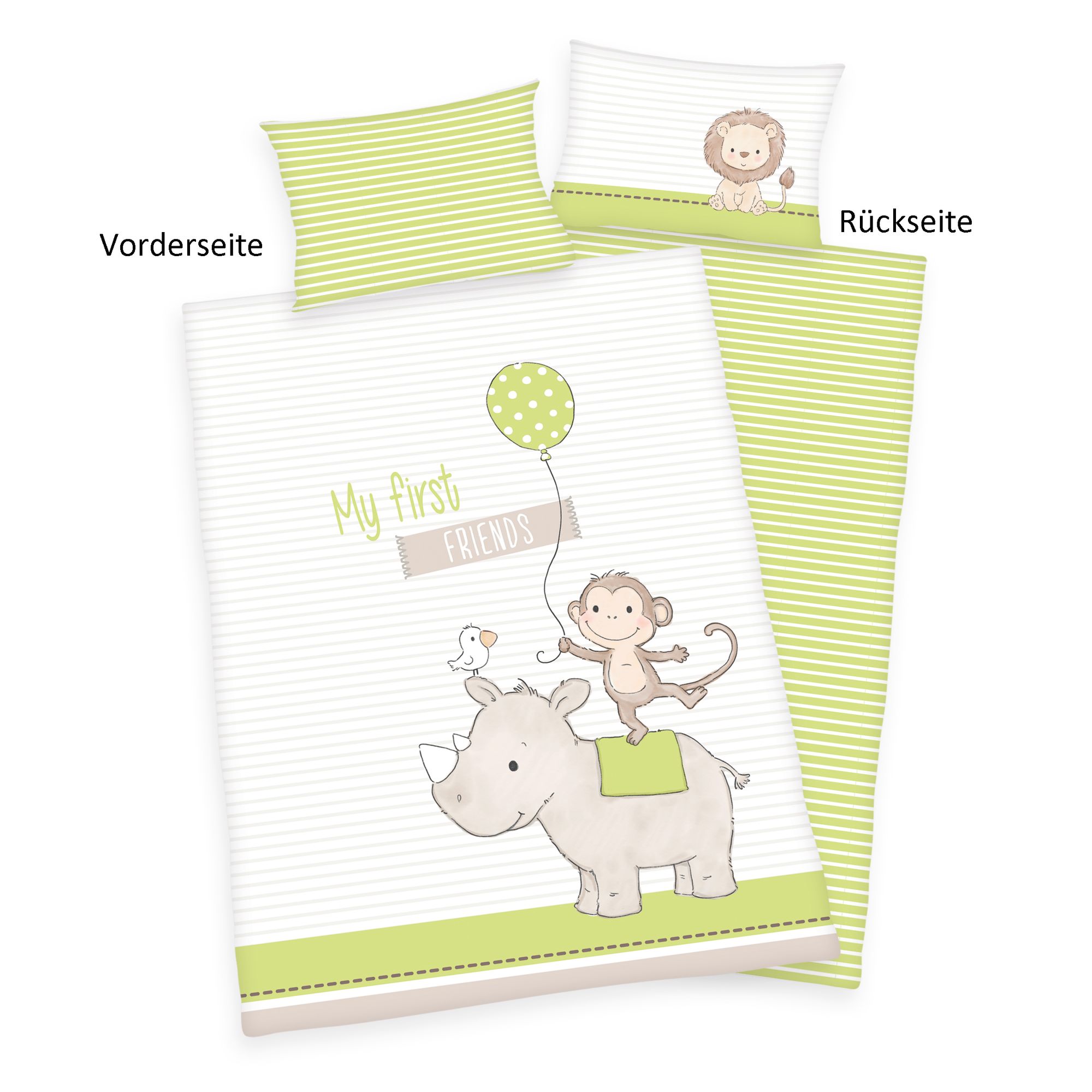 Produktübersicht der Babybettwäsche freigestellt auf weißem Hintergrund mit Beschriftungen für „Vorderseite“ und „Rückseite“; zeigt das Tiermotiv auf der hellen Vorderseite sowie das grün-weiß gestreifte Design der Rückseiten von Kissen und Bettbezug.