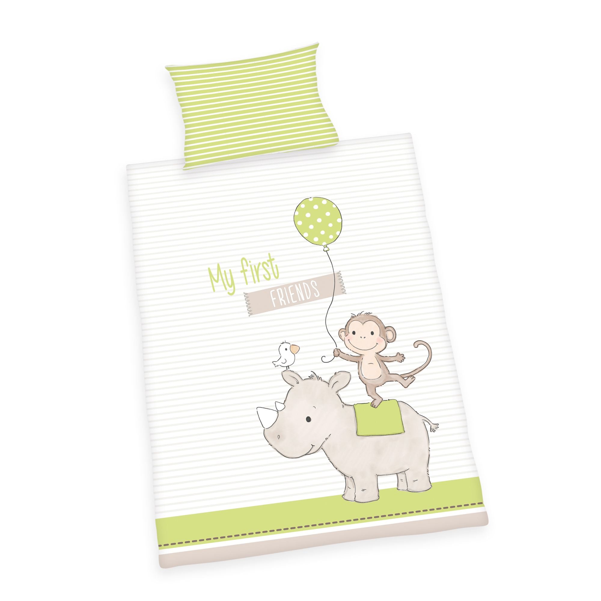 Produktansicht der Babybettwäsche freigestellt auf weißem Hintergrund; zeigt den Bettbezug mit dem vollständigen „My first FRIENDS“-Design in der Draufsicht, kombiniert mit der grün-weiß gestreiften Variante des Kopfkissens.
