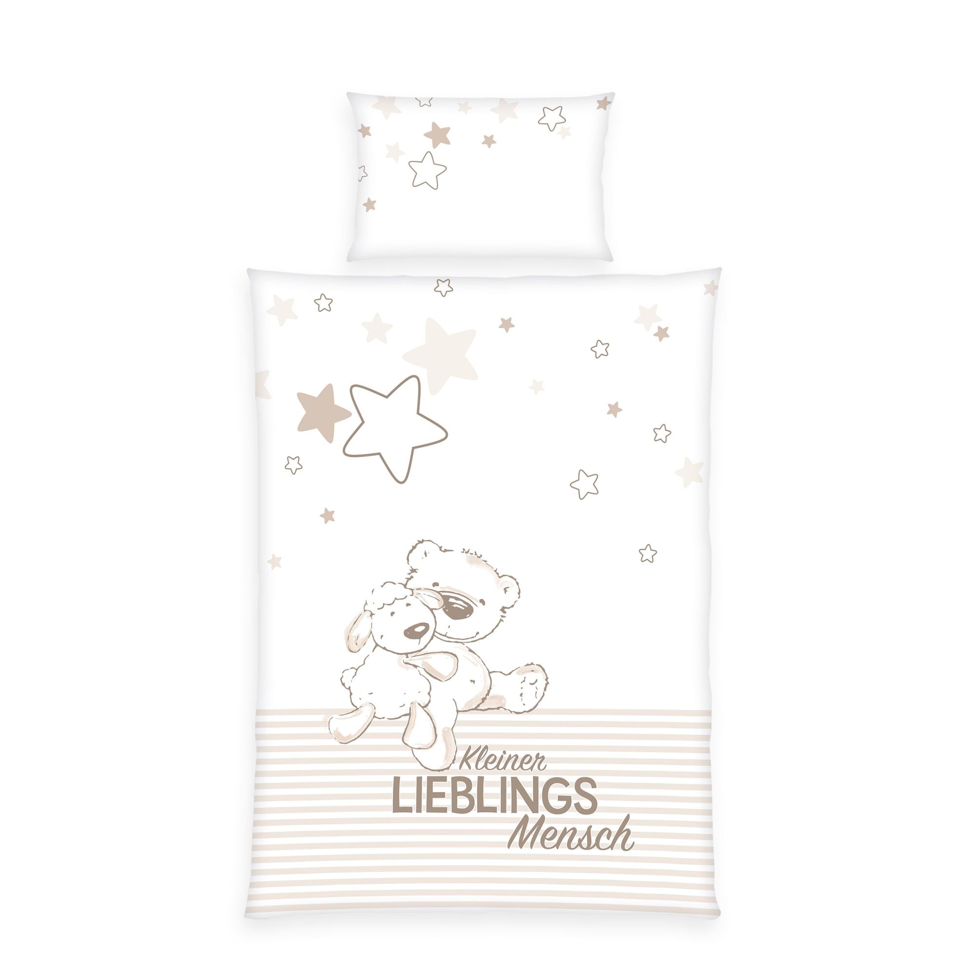 Produktansicht der Babybettwäsche freigestellt auf weißem Hintergrund; zeigt das gesamte Set bestehend aus dem Sternen-Kopfkissen und der Decke mit dem „Kleiner LIEBLINGS Mensch“-Motiv in der direkten Draufsicht.