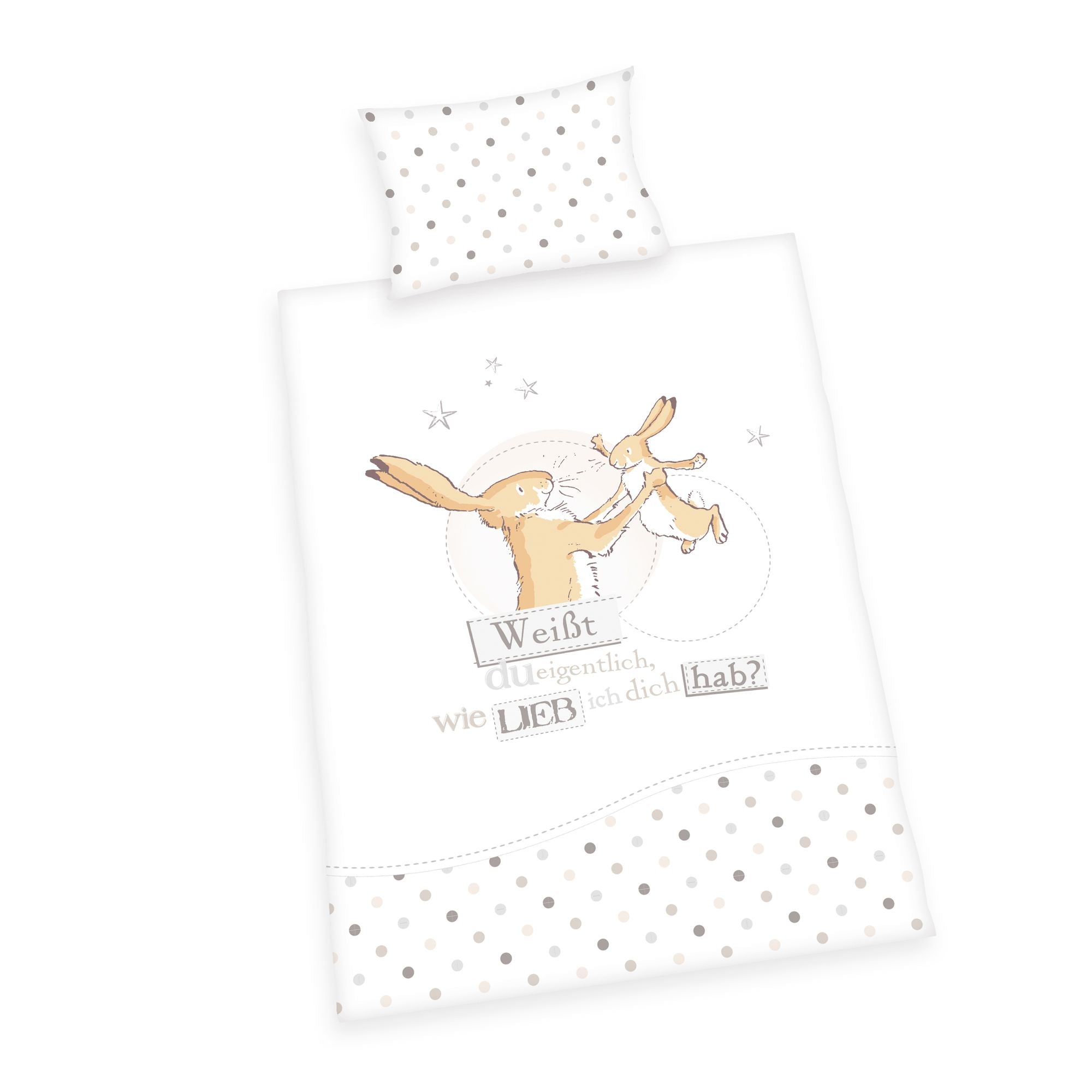 Produktansicht der Kinderbettwäsche freigestellt auf transparentem Hintergrund; zeigt das Set bestehend aus dem Kissen im Allover-Punktemuster und dem Deckenbezug mit dem zentralen Hasen-Motiv in der direkten Draufsicht.