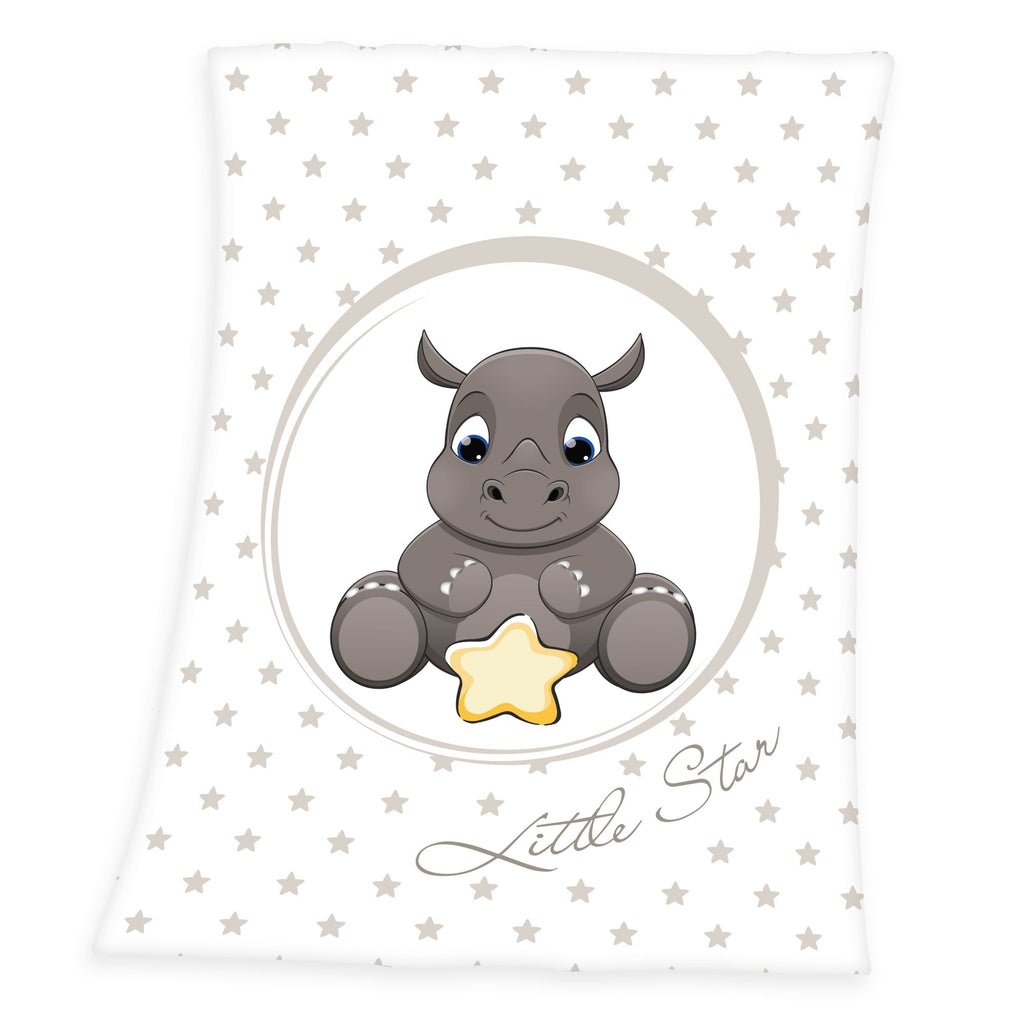 Produktansicht der Baby-Kuscheldecke freigestellt auf weißem Hintergrund; zeigt das weiche Design mit dem kleinen Nashorn, dem Sternenmuster und der Aufschrift „Little Star“ in der direkten Draufsicht.