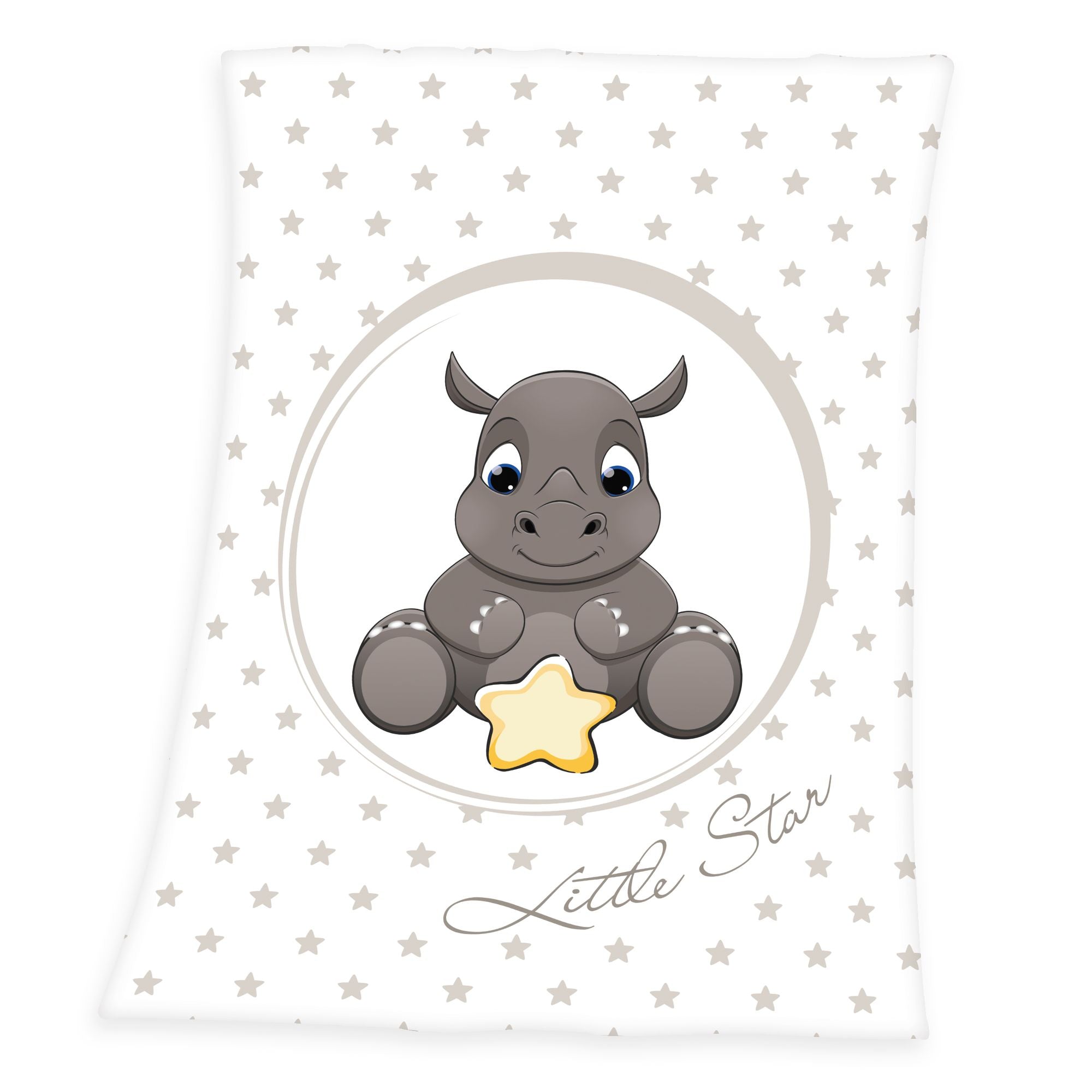 Produktansicht der Baby-Kuscheldecke freigestellt auf weißem Hintergrund; zeigt das weiche Design mit dem kleinen Nashorn, dem Sternenmuster und der Aufschrift „Little Star“ in der direkten Draufsicht.