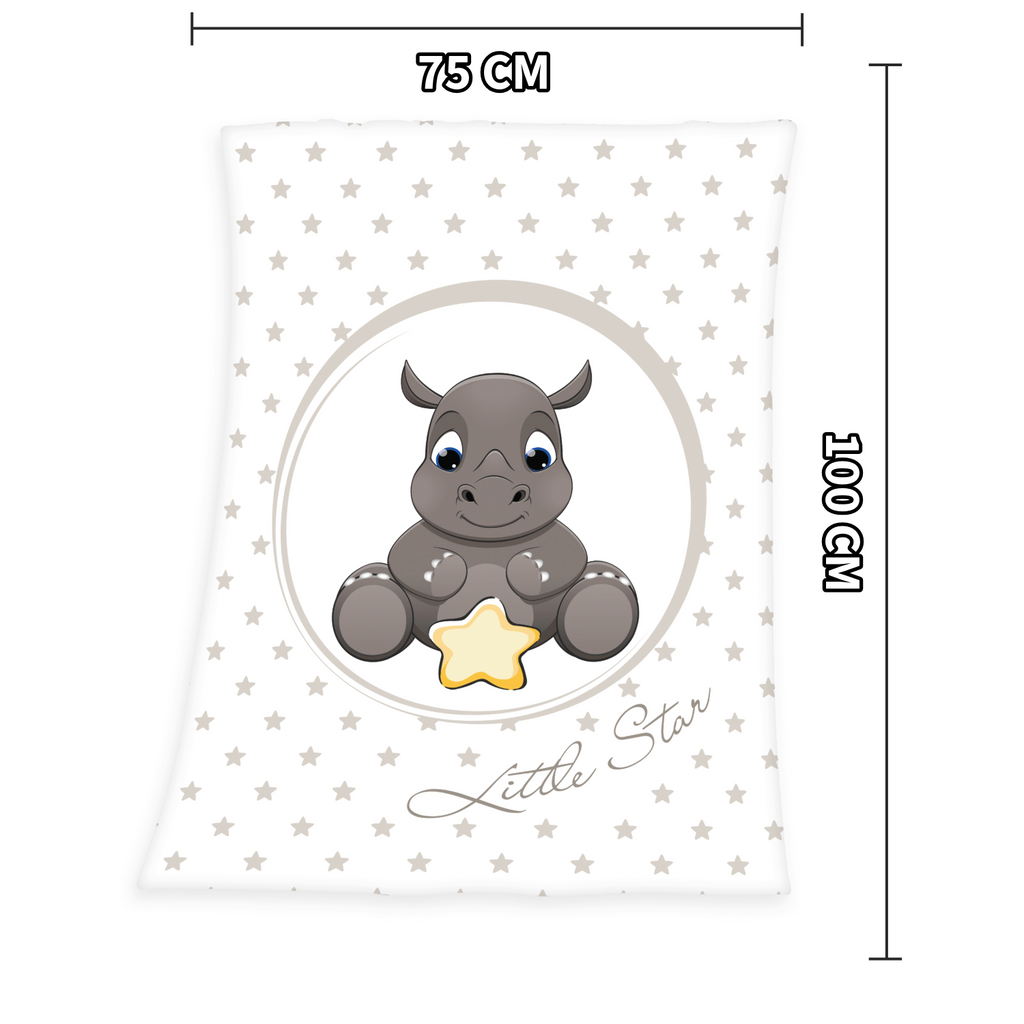 Produktansicht der Baby-Kuscheldecke freigestellt auf weißem Hintergrund mit Maßangaben; zeigt die Abmessungen von 75 x 100 cm für das Design mit dem Nashorn-Baby.