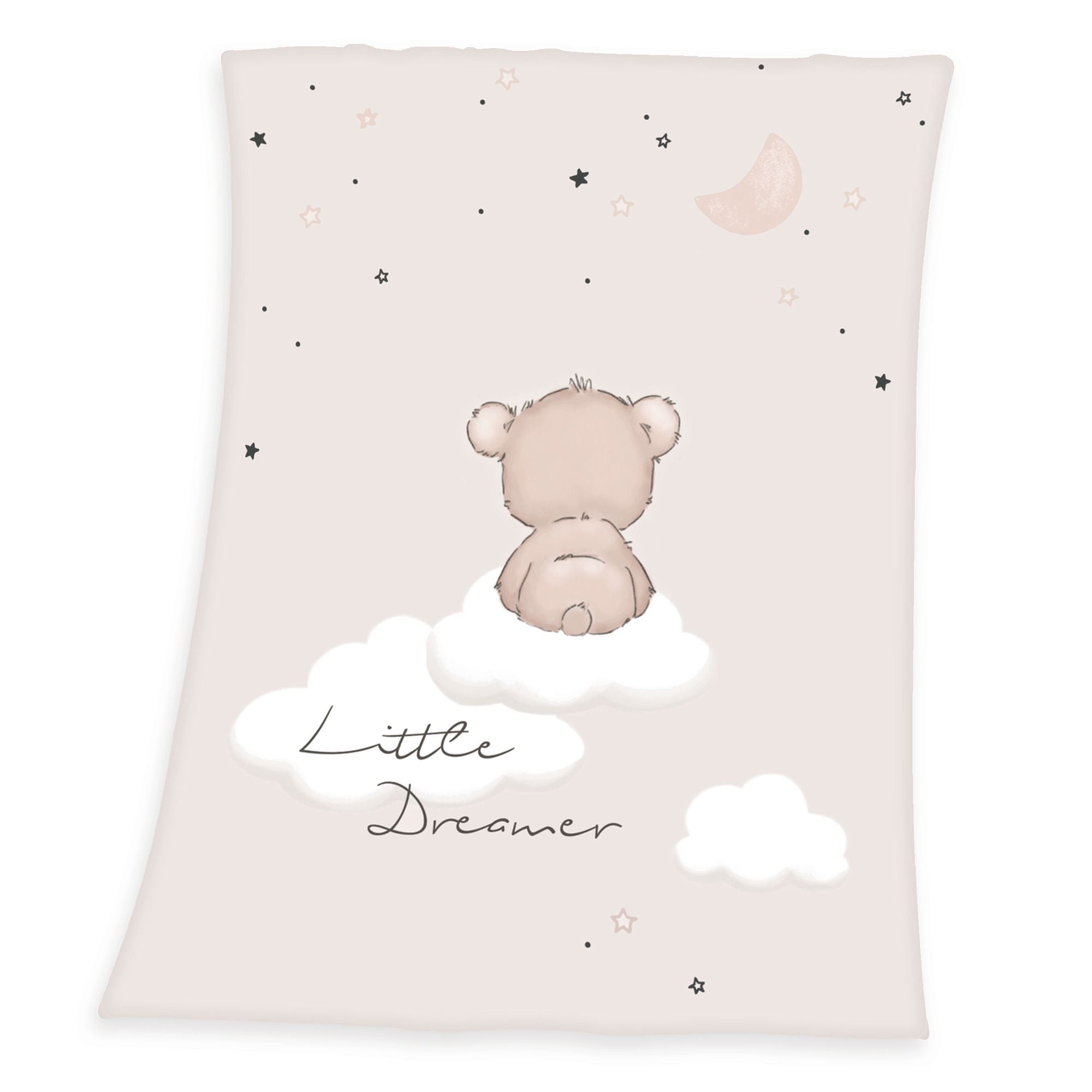 Produktansicht der Babydecke freigestellt auf weißem Hintergrund; zeigt das gesamte Design mit dem träumenden Bären auf der Wolke und den Sternen- und Mondelementen in einer klaren, geraden Draufsicht.