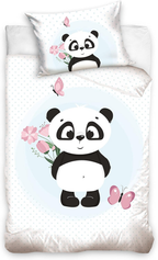 Produktansicht der Babybettwäsche freigestellt auf weißem Hintergrund; zeigt die flach ausgebreitete Kombination aus Kissen- und Deckenbezug mit dem Panda-Design.