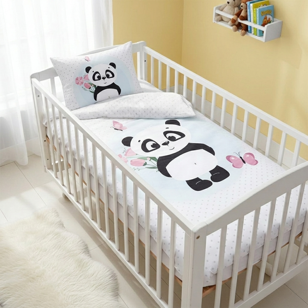 Ambiente-Aufnahme des Babybettes von schräg oben; zeigt die Bettwäsche mit dem Panda-Motiv im weißen Gitterbett neben einem hellen Lammfellteppich.