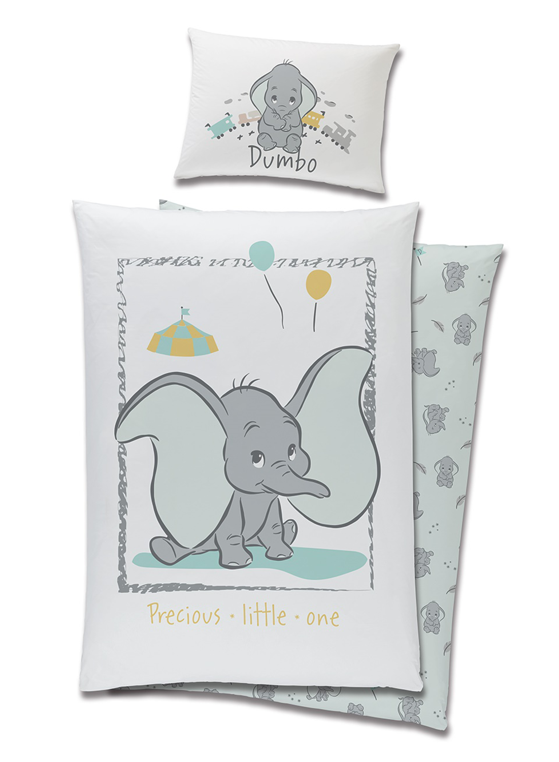 Produktansicht freigestellt auf weißem Hintergrund; zeigt den Kissenbezug mit kleinem Dumbo-Motiv und den Deckenbezug mit dem großen Hauptmotiv, während dahinter die hellgrüne Wendeseite mit einem Allover-Muster leicht sichtbar wird.