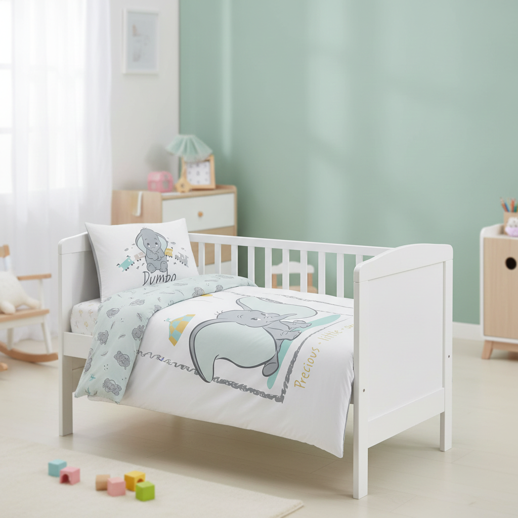 Ambiente-Aufnahme im hellen Kinderzimmer; präsentiert die harmonisch bezogene Bettwäsche im weißen Gitterbett, wobei das umschlagbare Design die hellgrüne Musterrückseite stilvoll hervorhebt.