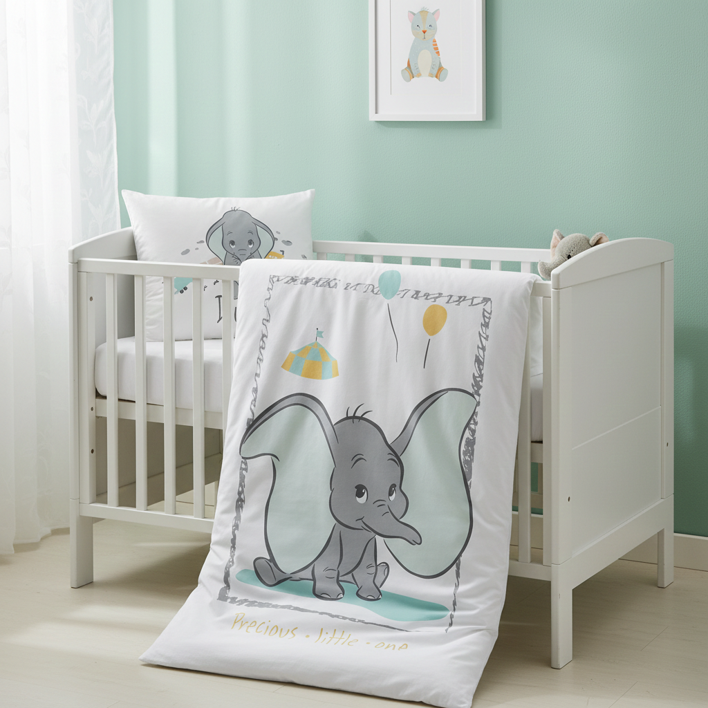 Gemütliche Lifestyle-Aufnahme der Babybettwäsche; zeigt das große Dumbo-Motiv der Decke, die dekorativ über dem vorderen Gitter des weißen Babybettes platziert ist, während das Kopfkissen dahinter liegt.