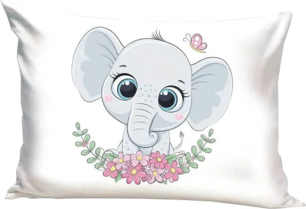 Produktansicht freigestellt auf weißem Hintergrund; zeigt die Nahaufnahme des Kissenbezugs mit dem niedlichen Elefanten-Mädchen, das hinter einer kleinen Ranke aus rosa Blüten hervorlugt, während ein kleiner Schmetterling über seinem Ohr fliegt.