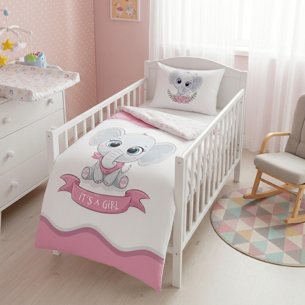 Perspektivische Ambiente-Aufnahme von schräg oben; zeigt das komplett bezogene weiße Gitterbett im rosa gestalteten Babyzimmer, perfekt abgestimmt auf die Wickelauflage und den gemusterten Spielteppich.