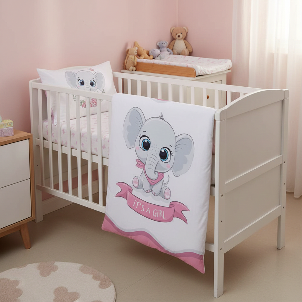 Dekorative Lifestyle-Aufnahme im Kinderzimmer; die Babydecke ist so über das vordere Gitter des weißen Bettes gehängt, dass das sitzende Elefanten-Motiv im Vordergrund optimal zur Geltung kommt.