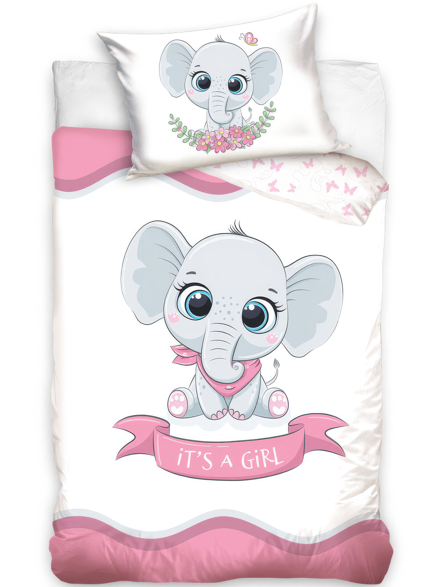 Klassische Produktansicht freigestellt auf weißem Hintergrund; zeigt das niedliche Elefanten-Motiv mit dem „IT’S A GIRL“-Schriftzug flach ausgebreitet, wobei die dezente Wendeseite mit Schmetterlings-Muster am Deckenrand leicht umgeschlagen ist.