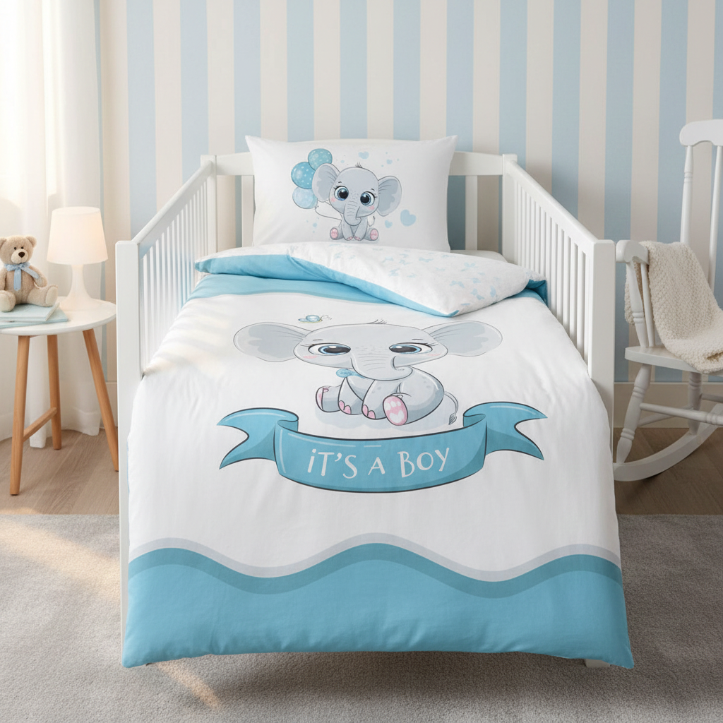 Gerade Studio-Aufnahme des komplett bezogenen weißen Gitterbettes vor einer blau-weiß gestreiften Tapete; präsentiert das Design mit Kissen, Decke und umgeschlagener Wendeseite in einer harmonischen, hellen Schlafumgebung für Jungen.