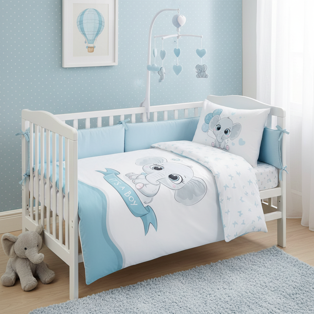 Stimmungsvolle, perspektivische Ambiente-Aufnahme im liebevoll eingerichteten Babyzimmer; zeigt das bezogene Bettchen mit passendem Nestchen, einem Mobile mit blauen Herzen und einem Plüschelefanten auf dem Fußboden.