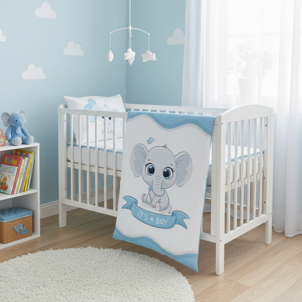 Dekorative Lifestyle-Aufnahme im Kinderzimmer; die Babydecke ist so über das vordere Gitter des weißen Gitterbettes gehängt, dass das Elefanten-Motiv und das wellenförmige blaue Abschluss-Design im Vordergrund perfekt zur Geltung kommen.