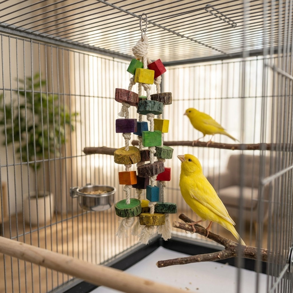 Ambiente-Aufnahme im Vogelkäfig; zeigt das farbenfrohe Kordelspielzeug, während zwei gelbe Kanarienvögel neugierig auf den Ästen daneben sitzen.