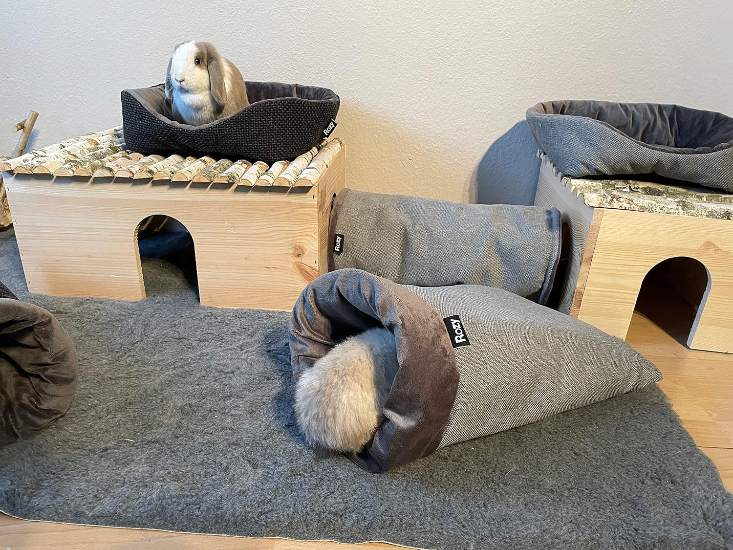 Gesamtansicht des Geheges: Kegelförmiger „Rozy“-Kuschelsack auf Teppich, helles Kaninchen liegt darin, dunkleres daneben. Ein Kaninchen sitzt auf dem Holzpodest.