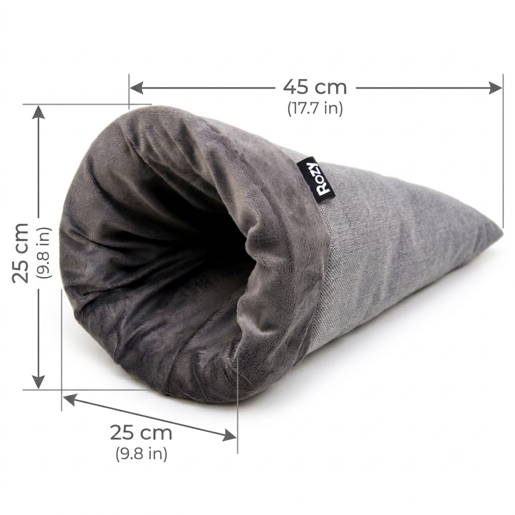 Ein grauer Plüsch-Kuschelsack von Rozy mit Maßen: 45 cm Länge, 25 cm Breite und 25 cm Höhe