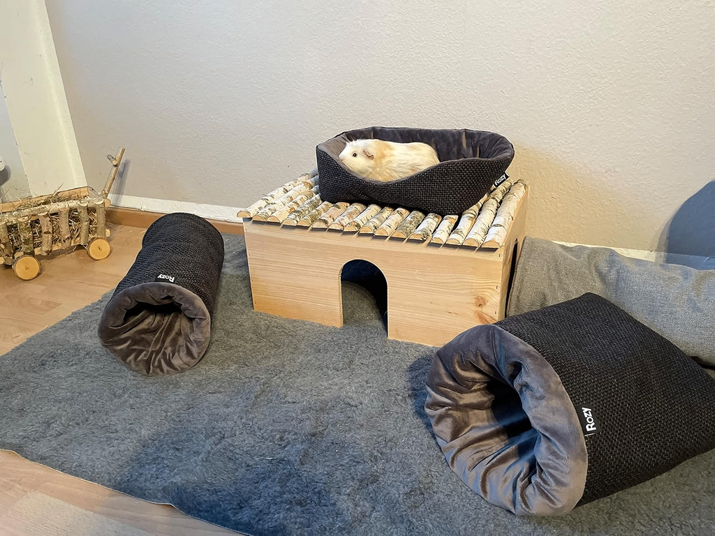Meerschweinchengehege mit Holzspielzeug und grauem Teppich. Ein weißes Meerschweinchen sitzt oben in einem Kuschelbett.