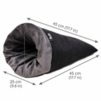 Produktgrafik mit Maßen des dunkelgrauen Kuschelsacks Rozy: Länge 45 cm, Breite und Höhe der Öffnung je 25 cm.