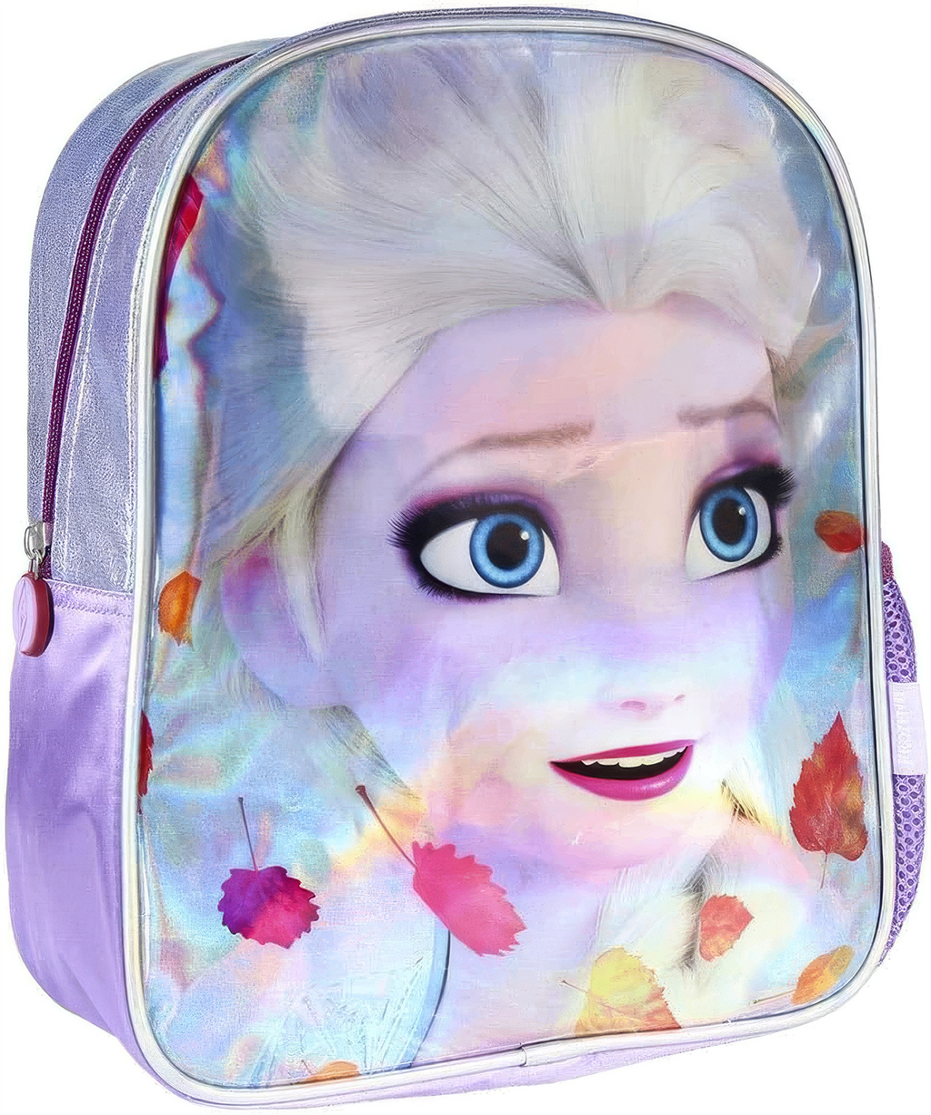 Vorderansicht des lila Kinderrucksacks mit großem, schimmerndem Elsa-Motiv und bunten, herbstlichen Blättern aus "Die Eiskönigin 2".