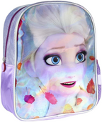 Vorderansicht des lila Kinderrucksacks mit großem, schimmerndem Elsa-Motiv und bunten, herbstlichen Blättern aus "Die Eiskönigin 2".