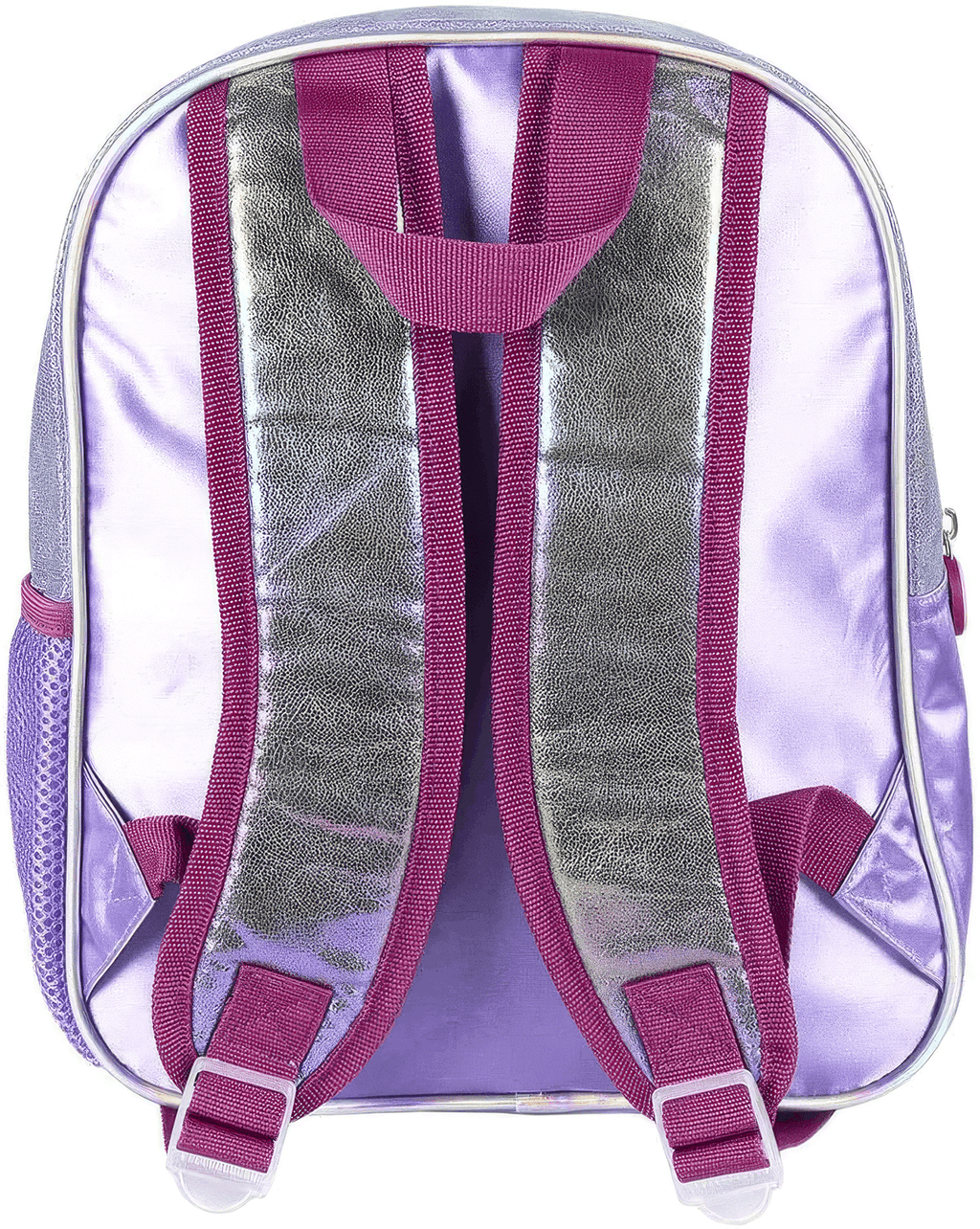 Rückansicht des lila Rucksacks mit verstellbaren, weich gepolsterten Schultergurten in glitzernder, silbrig-lila Optik und Tragegriff.