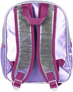 Rückansicht des lila Rucksacks mit verstellbaren, weich gepolsterten Schultergurten in glitzernder, silbrig-lila Optik und Tragegriff.