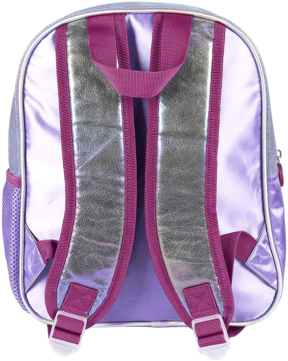 Rückansicht des lila Rucksacks mit verstellbaren, weich gepolsterten Schultergurten in glitzernder, silbrig-lila Optik und Tragegriff.