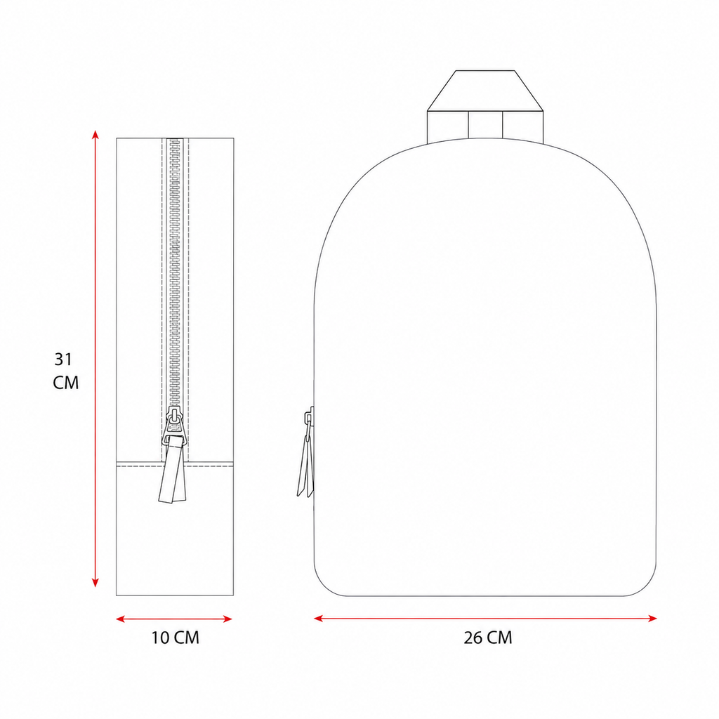 Produktgrafik eines Rucksacks mit den Abmessungen 31 x 26 x 10 cm