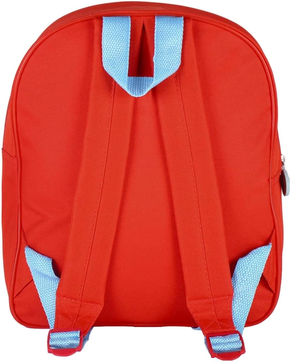 Rückansicht des roten Kinderrucksacks mit verstellbaren Schultergurten und einer oberen Trageschlaufe aus hellblauem Webstoff.