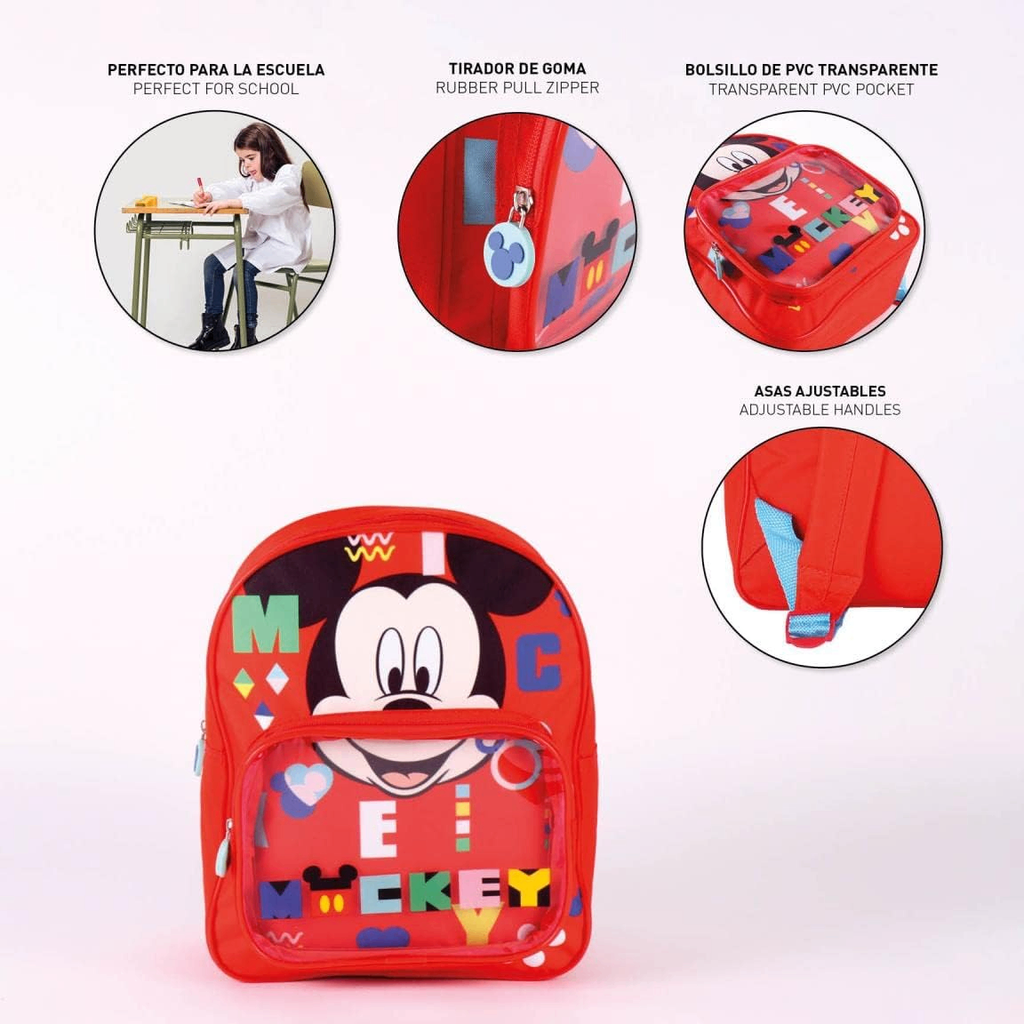 Infografik mit vier runden Detailbildern zu Schuleignung, Gummizippern, transparenter PVC-Tasche und verstellbaren Gurten über der Produktansicht.