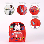 Infografik mit vier runden Detailbildern zu Schuleignung, Gummizippern, transparenter PVC-Tasche und verstellbaren Gurten über der Produktansicht.
