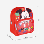 Produktgrafik des roten Mickey-Mouse-Rucksacks mit Maßangaben: Höhe 30 cm, Breite 25 cm und Tiefe 12 cm.