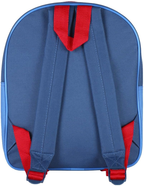 Rückansicht des blauen Kinderrucksacks mit verstellbaren Schultergurten und einer oberen Trageschlaufe aus kontrastierendem, rotem Webstoff.