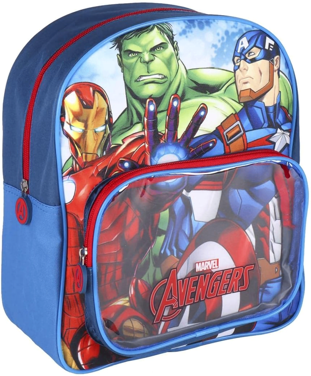 Schräge Vorderansicht des blauen Rucksacks mit großem Motiv von Hulk, Iron Man und Captain America sowie transparenter Fronttasche.