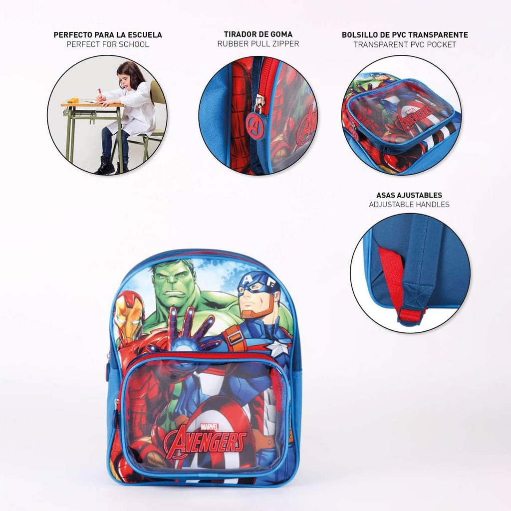 Infografik mit vier runden Detailbildern zu Schuleignung, Gummizippern, transparenter PVC-Tasche und verstellbaren Gurten über der Produktansicht.