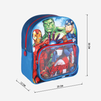 Produktgrafik des blauen Avengers-Rucksacks mit Maßangaben: Höhe 30 cm, Breite 25 cm und Tiefe 12 cm.